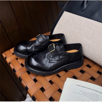 Ženske loaferice od teleće kože s okruglim vrhom, gornji dio od kože prvog sloja, niski potplat 1–3 cm, gumeni potplat, EVA ulošak — retro poslovni casual stil