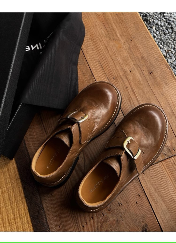 Ženske loaferice od teleće kože s okruglim vrhom, gornji dio od kože prvog sloja, niski potplat 1–3 cm, gumeni potplat, EVA ulošak — retro poslovni casual stil