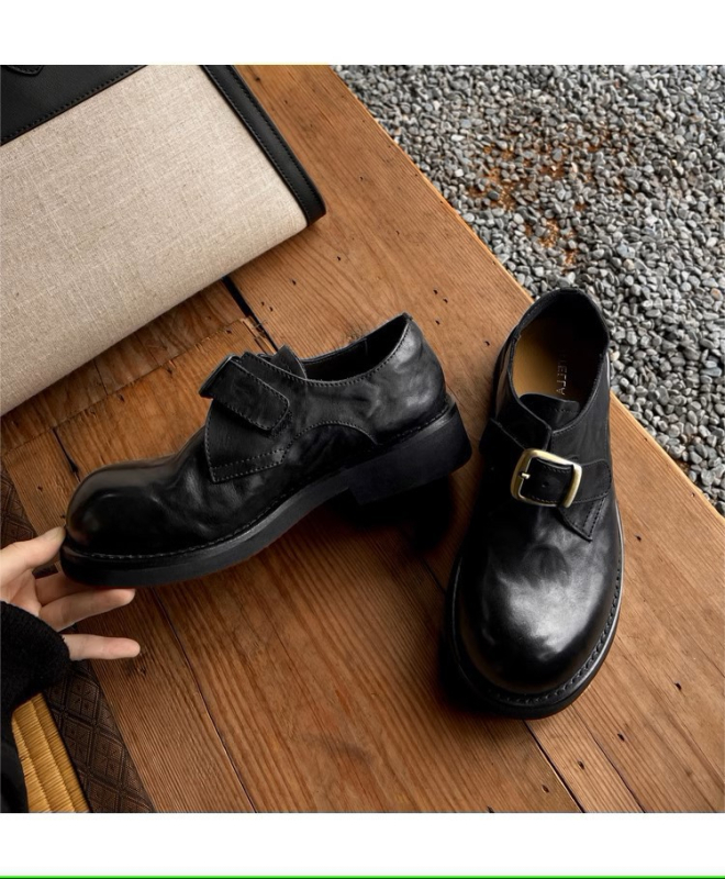 Ženske loaferice od teleće kože s okruglim vrhom, gornji dio od kože prvog sloja, niski potplat 1–3 cm, gumeni potplat, EVA ulošak — retro poslovni casual stil