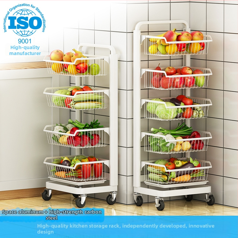 Ming Collar Ράφι Κουζίνας από Space Aluminum για Φρούτα και Λαχανικά, σε Δάπεδο, Πολυεπίπεδη Αποθήκευση με Αποσπώμενο Καλάθι