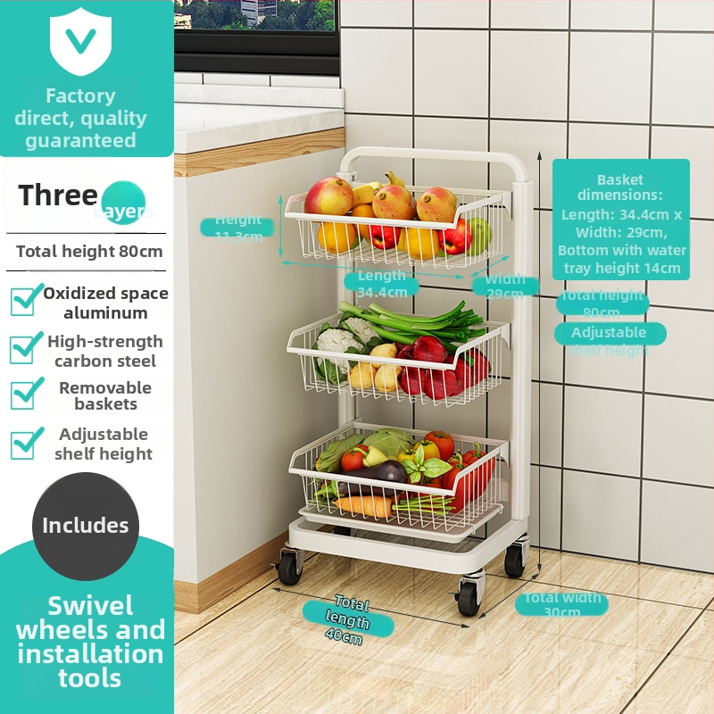 Ming Collar Ράφι Κουζίνας από Space Aluminum για Φρούτα και Λαχανικά, σε Δάπεδο, Πολυεπίπεδη Αποθήκευση με Αποσπώμενο Καλάθι