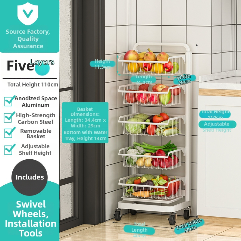 Ming Collar Ράφι Κουζίνας από Space Aluminum για Φρούτα και Λαχανικά, σε Δάπεδο, Πολυεπίπεδη Αποθήκευση με Αποσπώμενο Καλάθι
