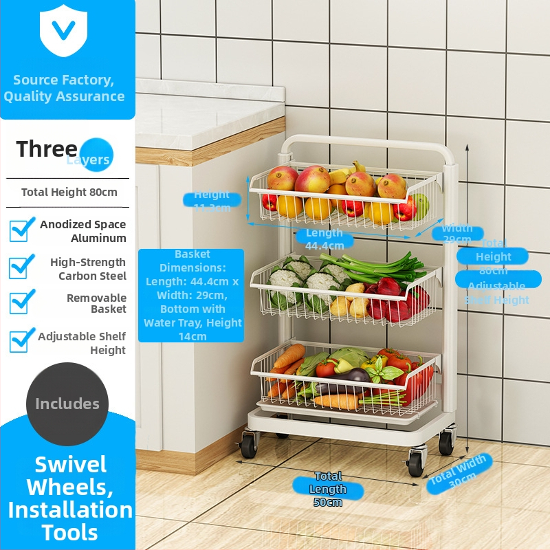 Ming Collar Ράφι Κουζίνας από Space Aluminum για Φρούτα και Λαχανικά, σε Δάπεδο, Πολυεπίπεδη Αποθήκευση με Αποσπώμενο Καλάθι