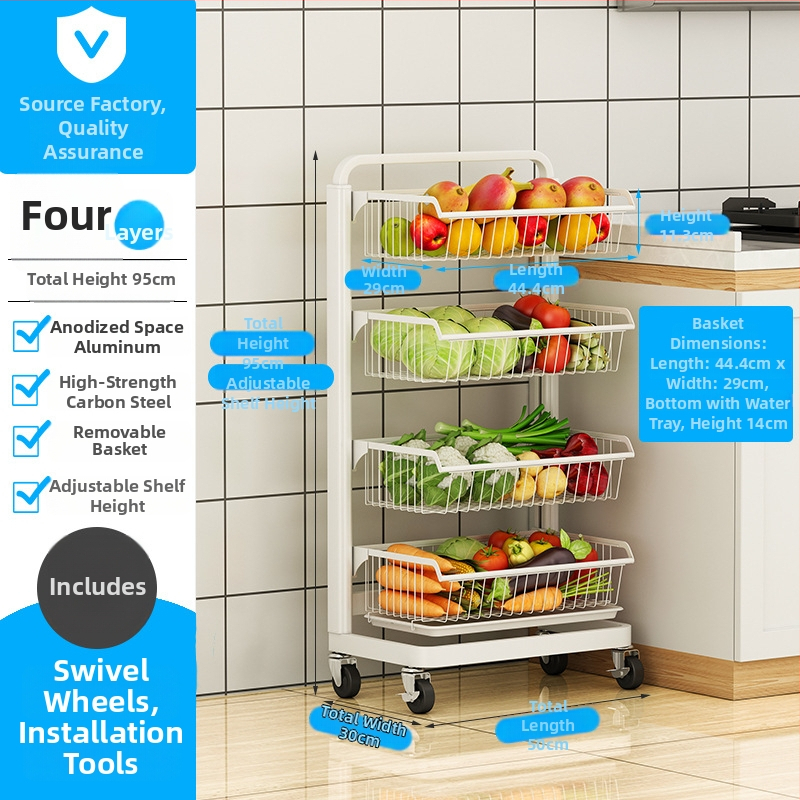 Ming Collar Ράφι Κουζίνας από Space Aluminum για Φρούτα και Λαχανικά, σε Δάπεδο, Πολυεπίπεδη Αποθήκευση με Αποσπώμενο Καλάθι