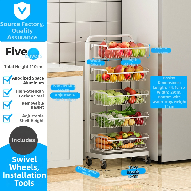 Ming Collar Ράφι Κουζίνας από Space Aluminum για Φρούτα και Λαχανικά, σε Δάπεδο, Πολυεπίπεδη Αποθήκευση με Αποσπώμενο Καλάθι