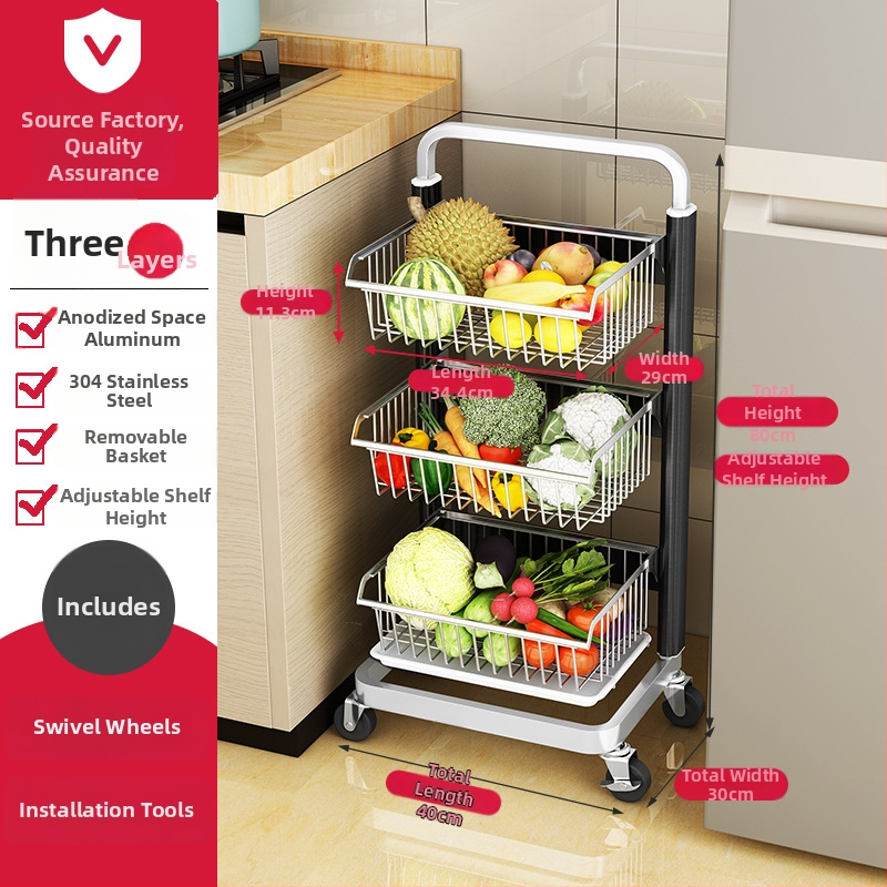Ming Collar Ράφι Κουζίνας από Space Aluminum για Φρούτα και Λαχανικά, σε Δάπεδο, Πολυεπίπεδη Αποθήκευση με Αποσπώμενο Καλάθι