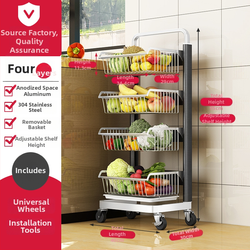 Ming Collar Ράφι Κουζίνας από Space Aluminum για Φρούτα και Λαχανικά, σε Δάπεδο, Πολυεπίπεδη Αποθήκευση με Αποσπώμενο Καλάθι