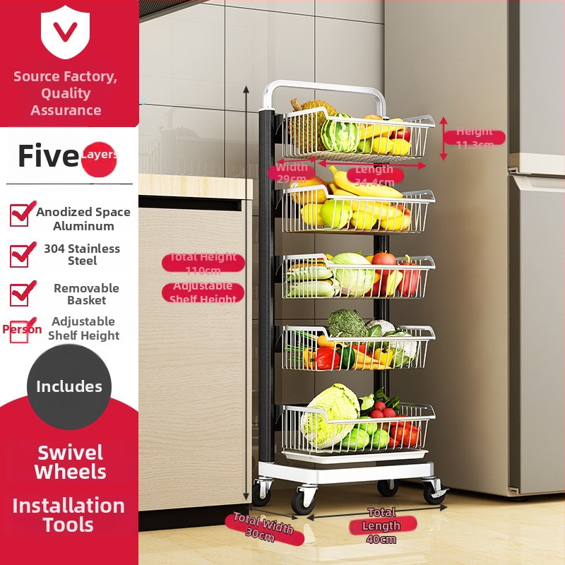 Ming Collar Ράφι Κουζίνας από Space Aluminum για Φρούτα και Λαχανικά, σε Δάπεδο, Πολυεπίπεδη Αποθήκευση με Αποσπώμενο Καλάθι
