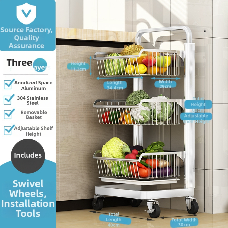 Ming Collar Ράφι Κουζίνας από Space Aluminum για Φρούτα και Λαχανικά, σε Δάπεδο, Πολυεπίπεδη Αποθήκευση με Αποσπώμενο Καλάθι