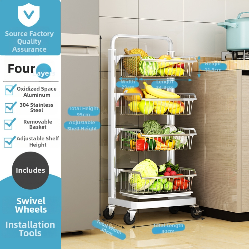 Ming Collar Ράφι Κουζίνας από Space Aluminum για Φρούτα και Λαχανικά, σε Δάπεδο, Πολυεπίπεδη Αποθήκευση με Αποσπώμενο Καλάθι