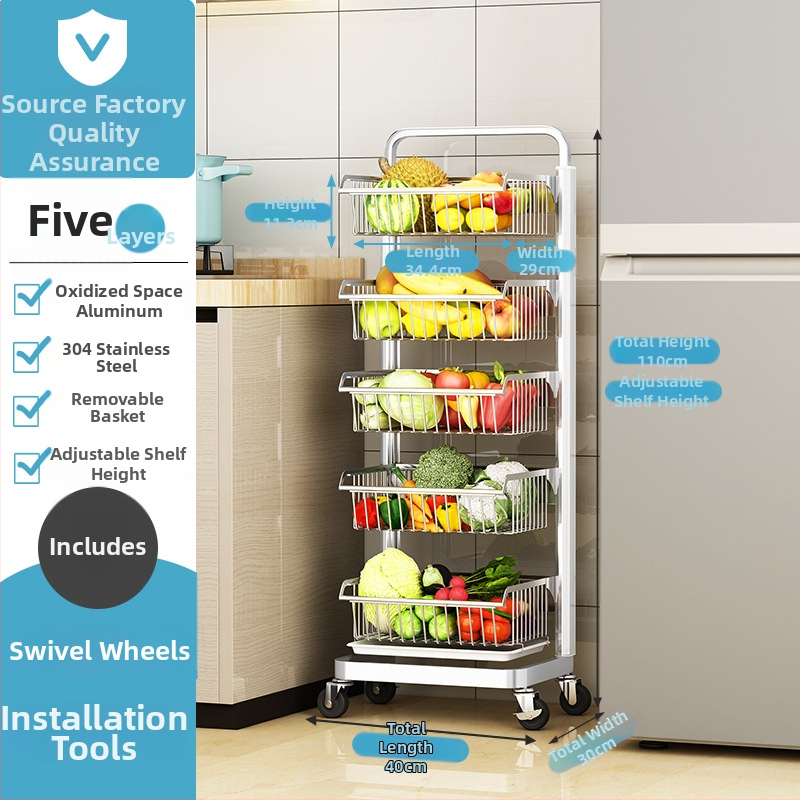 Ming Collar Ράφι Κουζίνας από Space Aluminum για Φρούτα και Λαχανικά, σε Δάπεδο, Πολυεπίπεδη Αποθήκευση με Αποσπώμενο Καλάθι