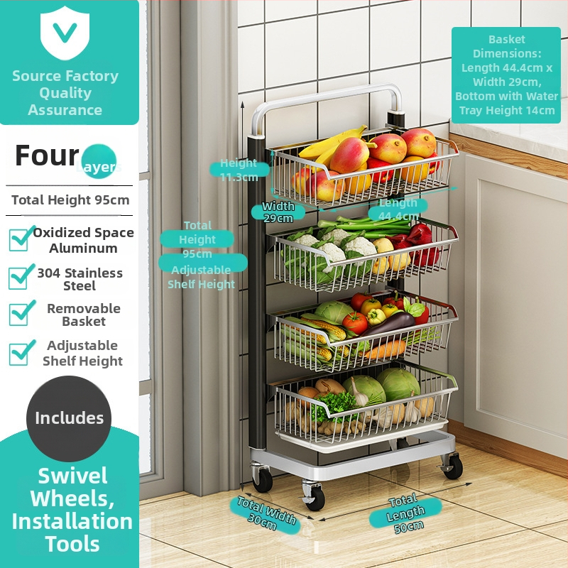 Ming Collar Ράφι Κουζίνας από Space Aluminum για Φρούτα και Λαχανικά, σε Δάπεδο, Πολυεπίπεδη Αποθήκευση με Αποσπώμενο Καλάθι