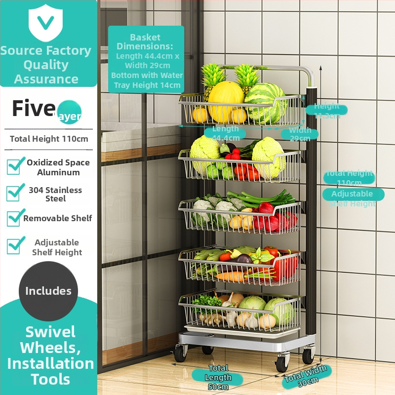 Ming Collar Ράφι Κουζίνας από Space Aluminum για Φρούτα και Λαχανικά, σε Δάπεδο, Πολυεπίπεδη Αποθήκευση με Αποσπώμενο Καλάθι