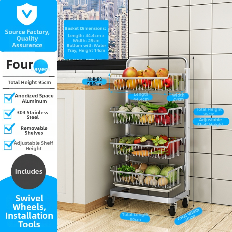 Ming Collar Ράφι Κουζίνας από Space Aluminum για Φρούτα και Λαχανικά, σε Δάπεδο, Πολυεπίπεδη Αποθήκευση με Αποσπώμενο Καλάθι