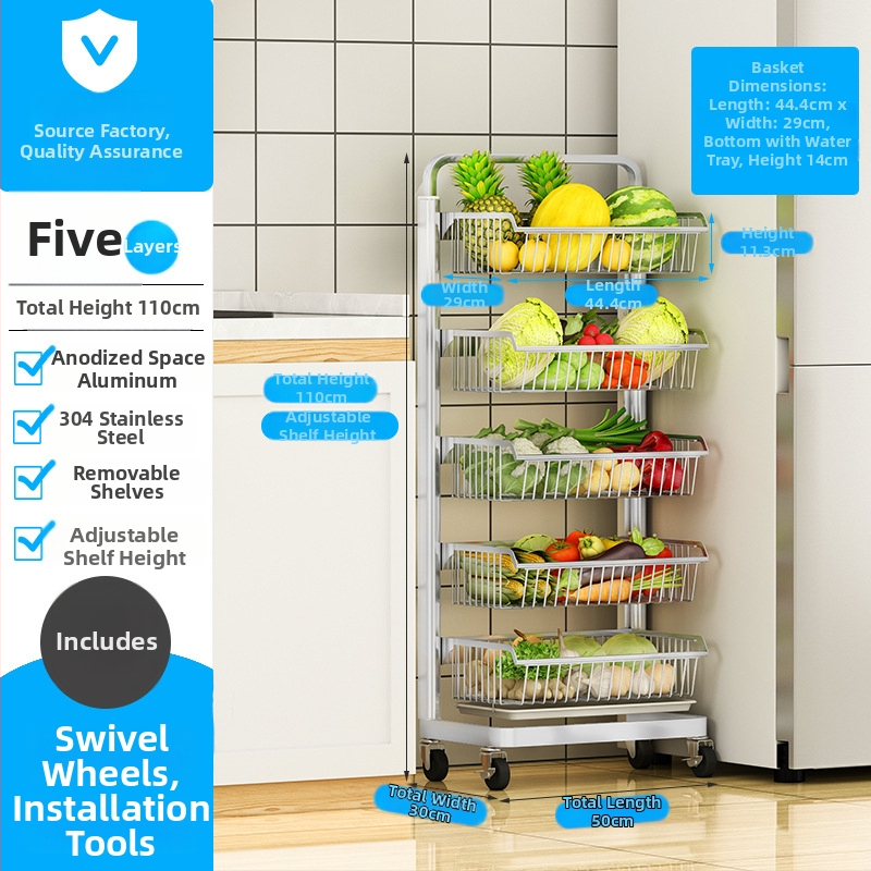 Ming Collar Ράφι Κουζίνας από Space Aluminum για Φρούτα και Λαχανικά, σε Δάπεδο, Πολυεπίπεδη Αποθήκευση με Αποσπώμενο Καλάθι