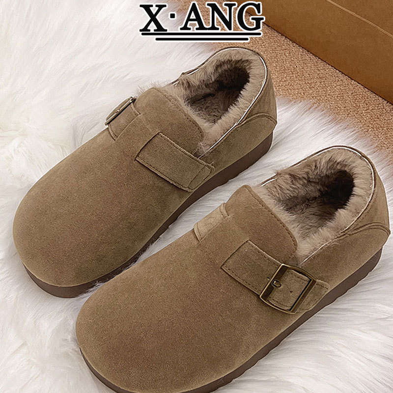 Ženske zimske cipele od velura bivlje s umjetnim krznom, gumom, niski gležanj, zatvaranje kopčom