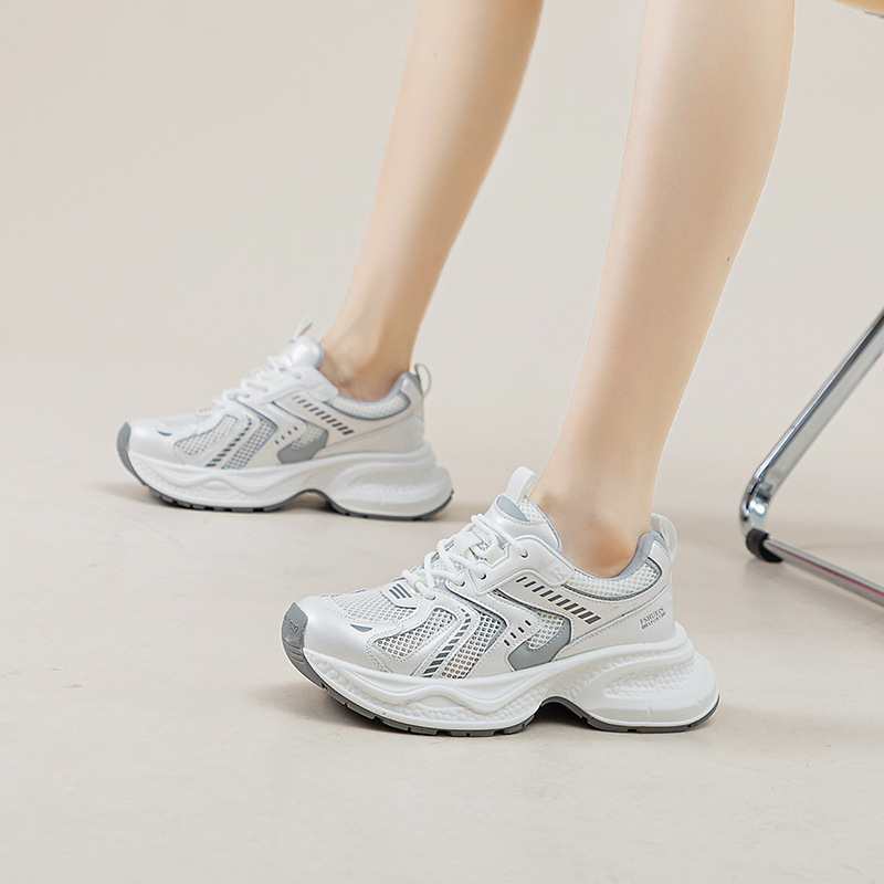 Дамски обувки Dad Shoes - Естествена кожа, дишаща мрежа, висока клиновидна подметка, TPU подметка, кръгъл нос