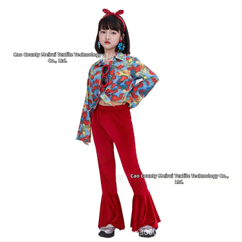 Dječji komplet: košulica s cvjetnim uzorkom u hongkonškom stilu i hlače zvonastog kroja, materijal acetat korduroja, ljeto 2025, za djecu 3–8 godina, kostim za nastupe/ples