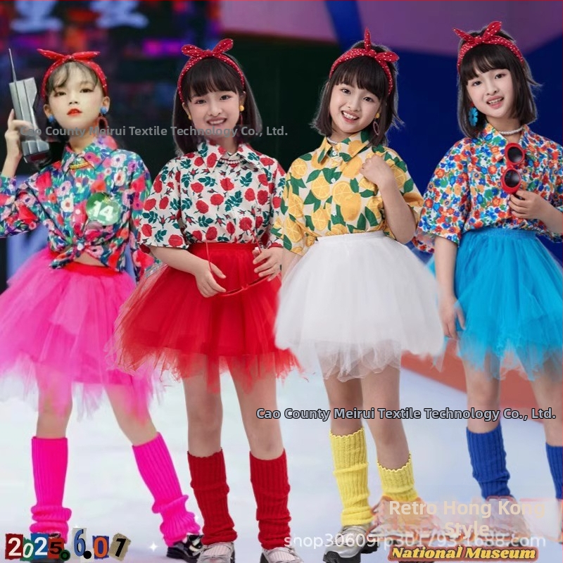 Dječji komplet: košulica s cvjetnim uzorkom u hongkonškom stilu i hlače zvonastog kroja, materijal acetat korduroja, ljeto 2025, za djecu 3–8 godina, kostim za nastupe/ples