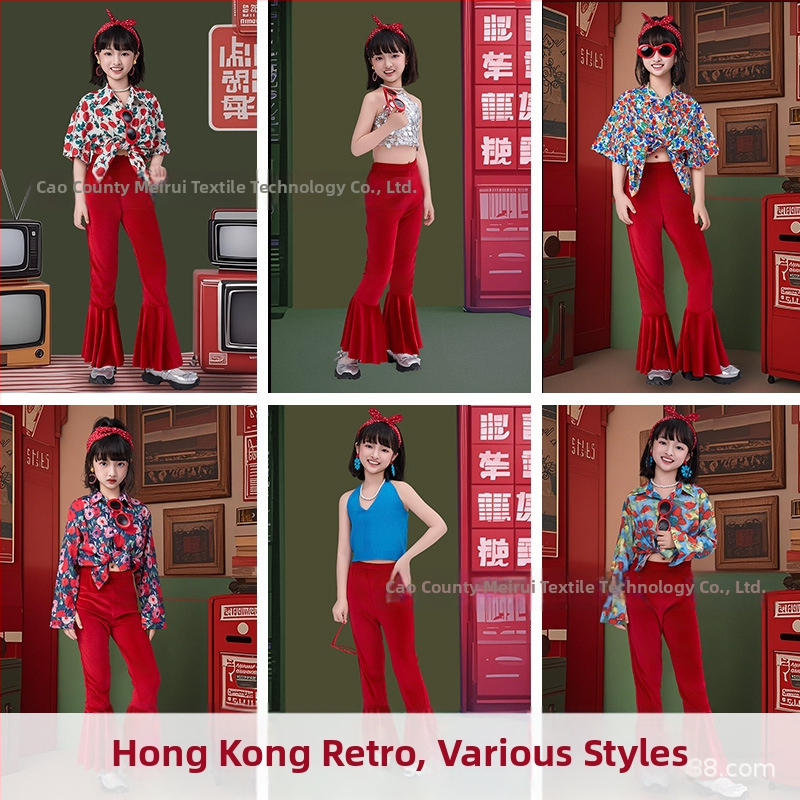 Dječji komplet: košulica s cvjetnim uzorkom u hongkonškom stilu i hlače zvonastog kroja, materijal acetat korduroja, ljeto 2025, za djecu 3–8 godina, kostim za nastupe/ples