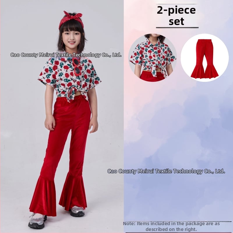 Dječji komplet: košulica s cvjetnim uzorkom u hongkonškom stilu i hlače zvonastog kroja, materijal acetat korduroja, ljeto 2025, za djecu 3–8 godina, kostim za nastupe/ples