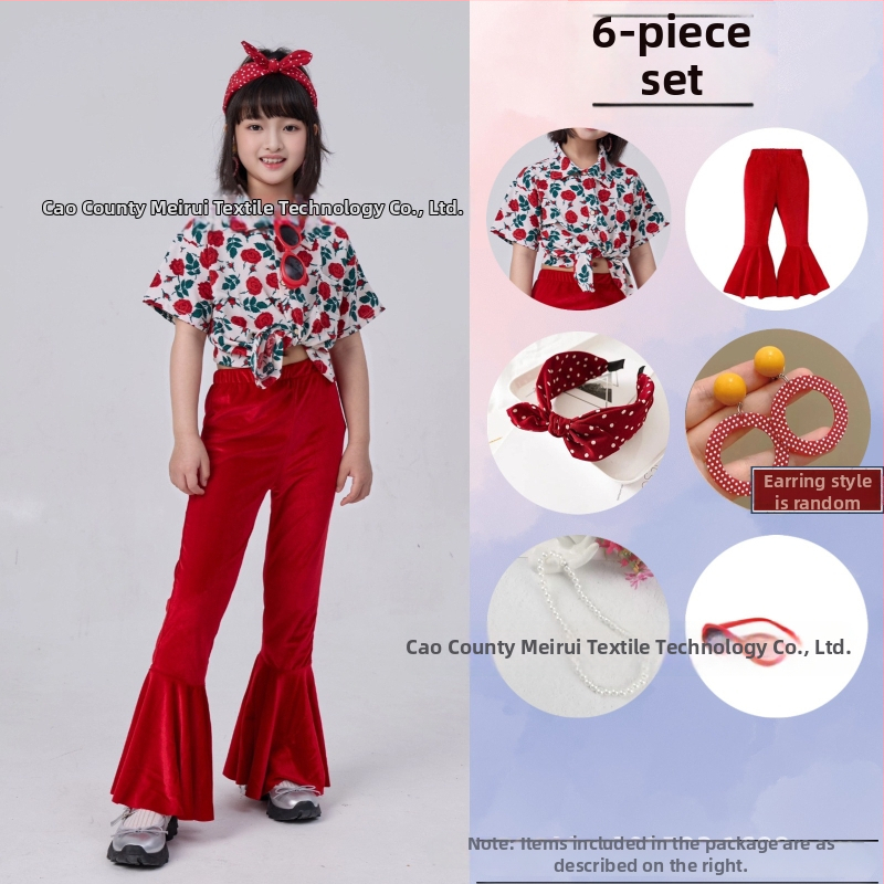 Dječji komplet: košulica s cvjetnim uzorkom u hongkonškom stilu i hlače zvonastog kroja, materijal acetat korduroja, ljeto 2025, za djecu 3–8 godina, kostim za nastupe/ples