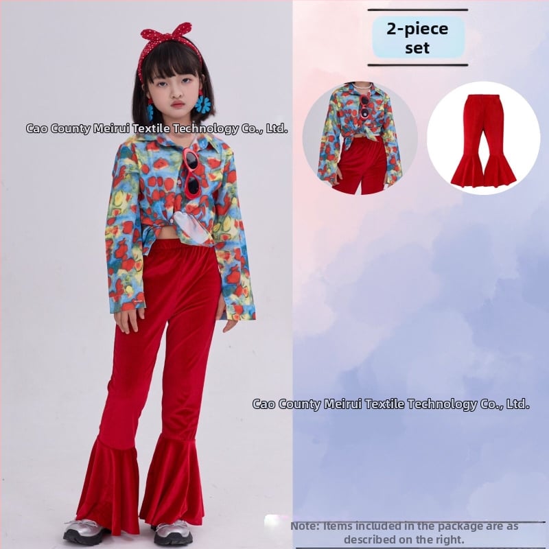 Dječji komplet: košulica s cvjetnim uzorkom u hongkonškom stilu i hlače zvonastog kroja, materijal acetat korduroja, ljeto 2025, za djecu 3–8 godina, kostim za nastupe/ples