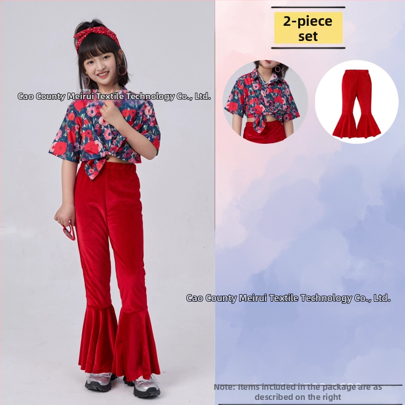 Dječji komplet: košulica s cvjetnim uzorkom u hongkonškom stilu i hlače zvonastog kroja, materijal acetat korduroja, ljeto 2025, za djecu 3–8 godina, kostim za nastupe/ples