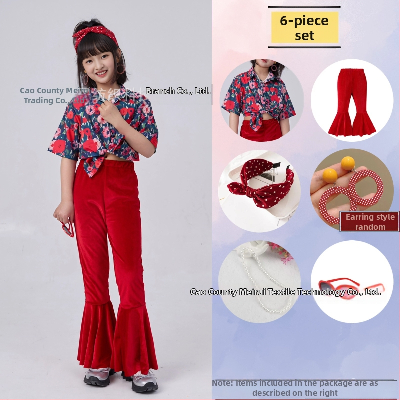 Dječji komplet: košulica s cvjetnim uzorkom u hongkonškom stilu i hlače zvonastog kroja, materijal acetat korduroja, ljeto 2025, za djecu 3–8 godina, kostim za nastupe/ples