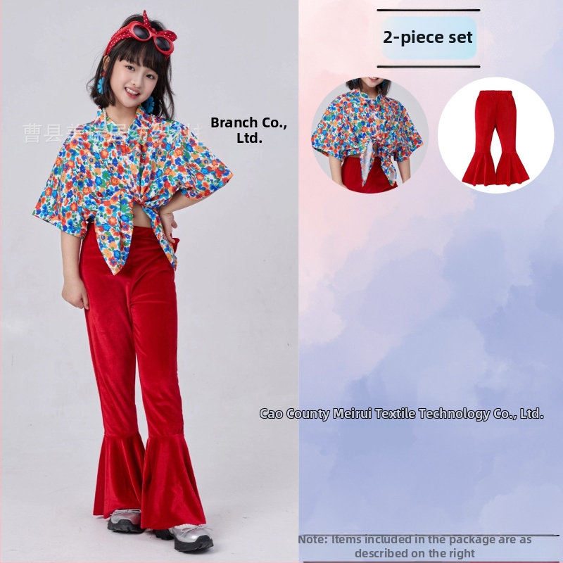 Dječji komplet: košulica s cvjetnim uzorkom u hongkonškom stilu i hlače zvonastog kroja, materijal acetat korduroja, ljeto 2025, za djecu 3–8 godina, kostim za nastupe/ples