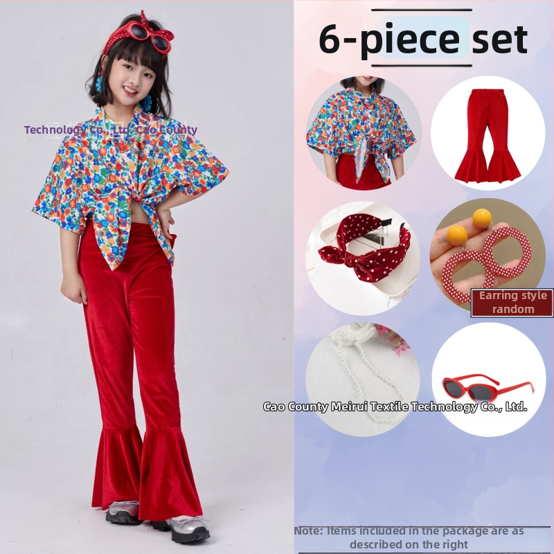 Dječji komplet: košulica s cvjetnim uzorkom u hongkonškom stilu i hlače zvonastog kroja, materijal acetat korduroja, ljeto 2025, za djecu 3–8 godina, kostim za nastupe/ples