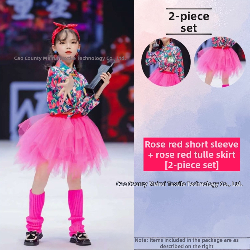 Dječji komplet: košulica s cvjetnim uzorkom u hongkonškom stilu i hlače zvonastog kroja, materijal acetat korduroja, ljeto 2025, za djecu 3–8 godina, kostim za nastupe/ples