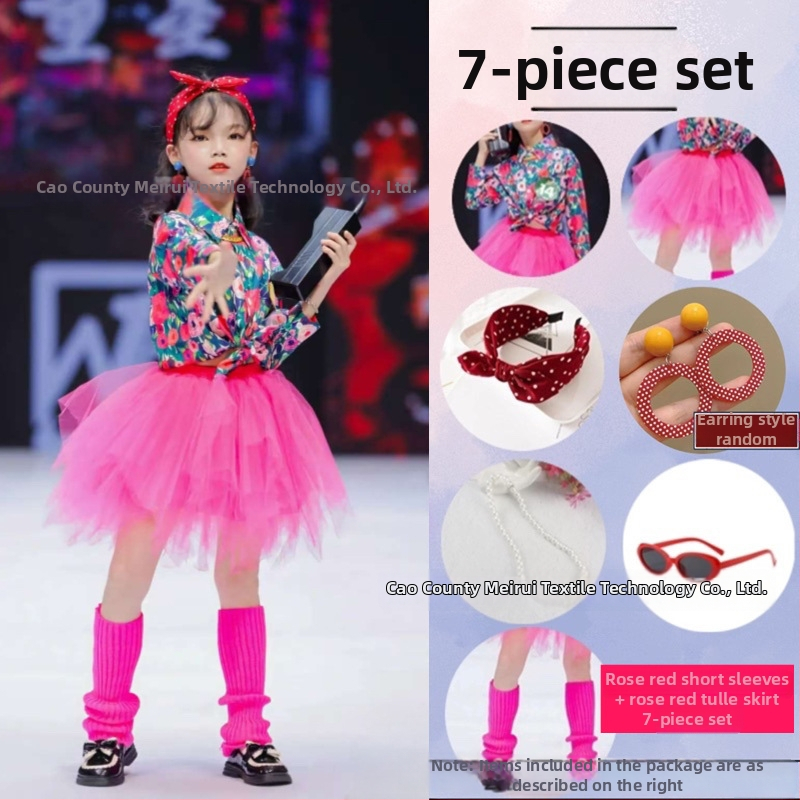 Dječji komplet: košulica s cvjetnim uzorkom u hongkonškom stilu i hlače zvonastog kroja, materijal acetat korduroja, ljeto 2025, za djecu 3–8 godina, kostim za nastupe/ples