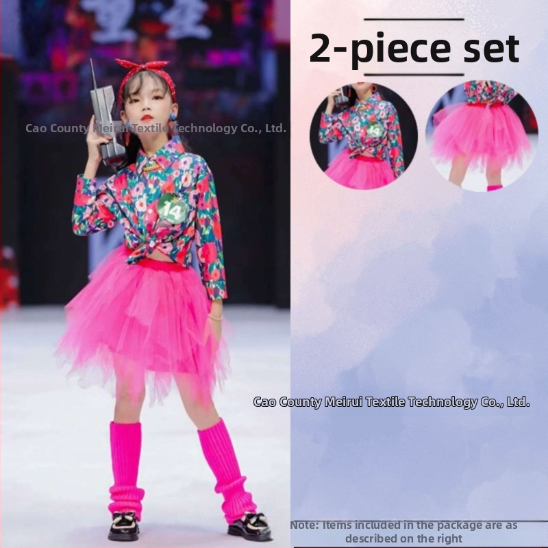 Dječji komplet: košulica s cvjetnim uzorkom u hongkonškom stilu i hlače zvonastog kroja, materijal acetat korduroja, ljeto 2025, za djecu 3–8 godina, kostim za nastupe/ples