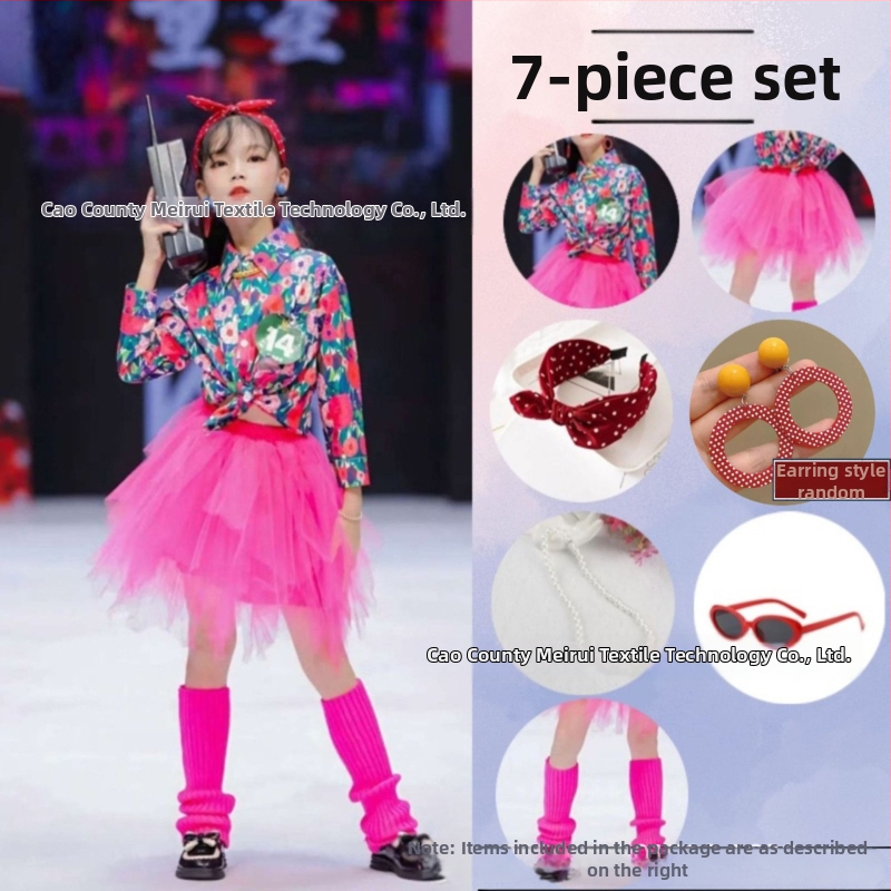 Dječji komplet: košulica s cvjetnim uzorkom u hongkonškom stilu i hlače zvonastog kroja, materijal acetat korduroja, ljeto 2025, za djecu 3–8 godina, kostim za nastupe/ples