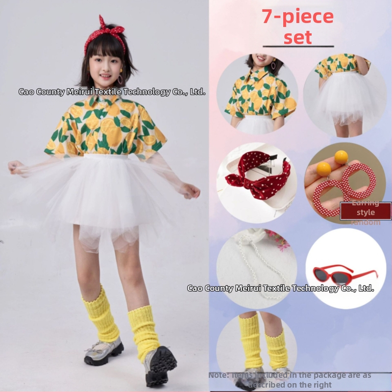 Dječji komplet: košulica s cvjetnim uzorkom u hongkonškom stilu i hlače zvonastog kroja, materijal acetat korduroja, ljeto 2025, za djecu 3–8 godina, kostim za nastupe/ples