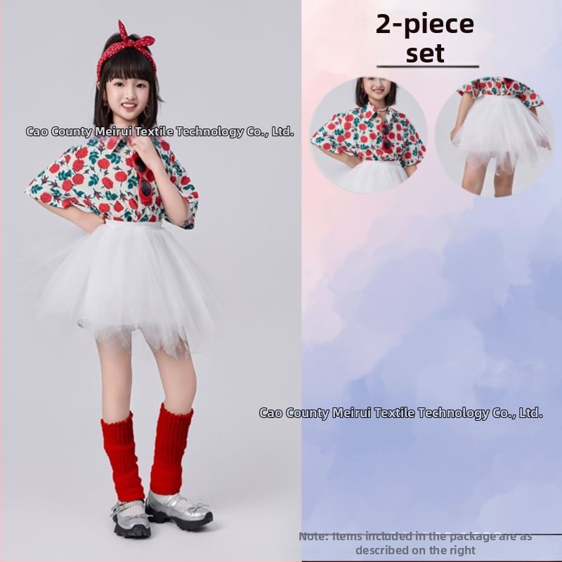 Dječji komplet: košulica s cvjetnim uzorkom u hongkonškom stilu i hlače zvonastog kroja, materijal acetat korduroja, ljeto 2025, za djecu 3–8 godina, kostim za nastupe/ples