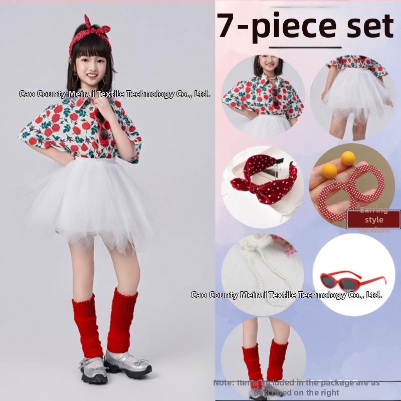 Dječji komplet: košulica s cvjetnim uzorkom u hongkonškom stilu i hlače zvonastog kroja, materijal acetat korduroja, ljeto 2025, za djecu 3–8 godina, kostim za nastupe/ples