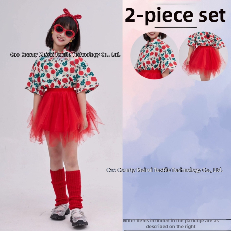 Dječji komplet: košulica s cvjetnim uzorkom u hongkonškom stilu i hlače zvonastog kroja, materijal acetat korduroja, ljeto 2025, za djecu 3–8 godina, kostim za nastupe/ples