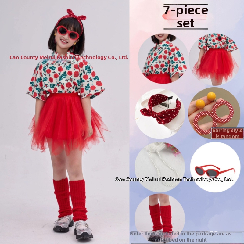 Dječji komplet: košulica s cvjetnim uzorkom u hongkonškom stilu i hlače zvonastog kroja, materijal acetat korduroja, ljeto 2025, za djecu 3–8 godina, kostim za nastupe/ples