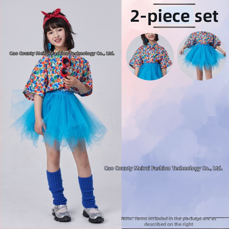 Dječji komplet: košulica s cvjetnim uzorkom u hongkonškom stilu i hlače zvonastog kroja, materijal acetat korduroja, ljeto 2025, za djecu 3–8 godina, kostim za nastupe/ples