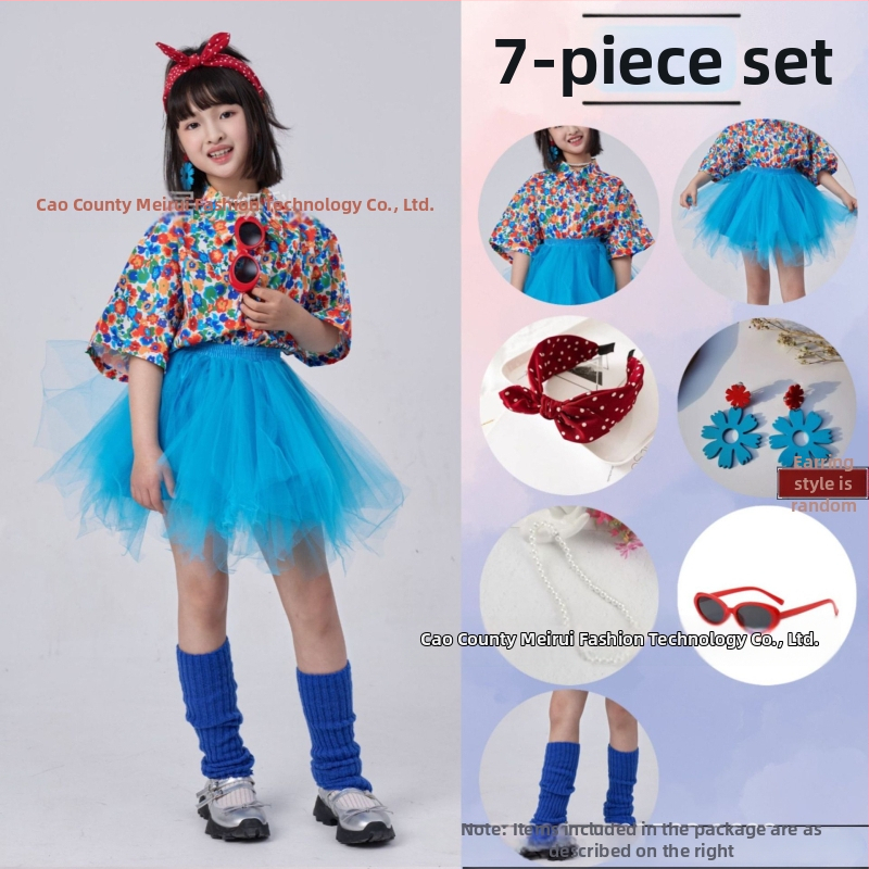 Dječji komplet: košulica s cvjetnim uzorkom u hongkonškom stilu i hlače zvonastog kroja, materijal acetat korduroja, ljeto 2025, za djecu 3–8 godina, kostim za nastupe/ples