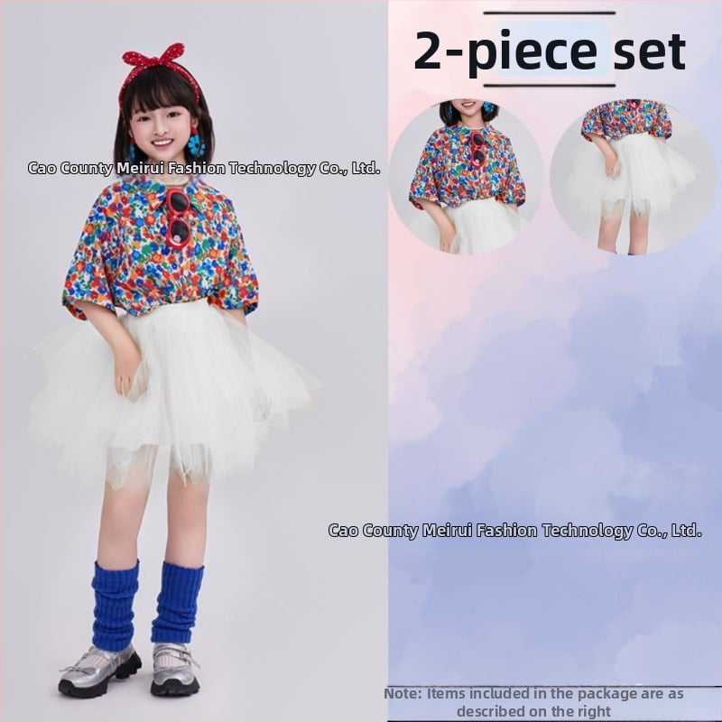 Dječji komplet: košulica s cvjetnim uzorkom u hongkonškom stilu i hlače zvonastog kroja, materijal acetat korduroja, ljeto 2025, za djecu 3–8 godina, kostim za nastupe/ples