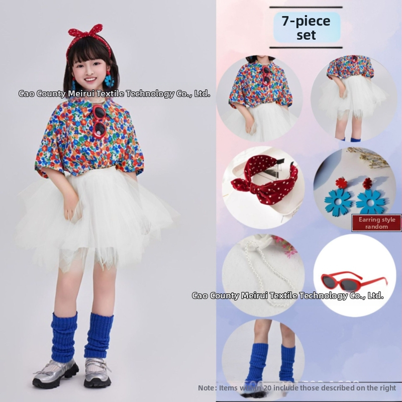 Dječji komplet: košulica s cvjetnim uzorkom u hongkonškom stilu i hlače zvonastog kroja, materijal acetat korduroja, ljeto 2025, za djecu 3–8 godina, kostim za nastupe/ples