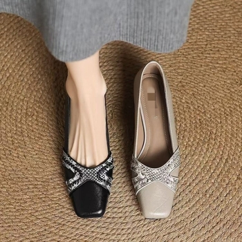 Ženske ravne cipele s četvrtastim vrhom i debelim potpeticama, mekana PU koža, zmijasti uzorak, francuski stil