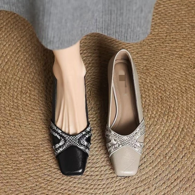 Ženske ravne cipele s četvrtastim vrhom i debelim potpeticama, mekana PU koža, zmijasti uzorak, francuski stil