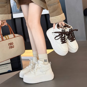 Ženske visoko-top tenisice za svakodnevnu upotrebu, gornji dio od split kože, debela platforma, prednje vezanje, umjetna pliš podstava zimi