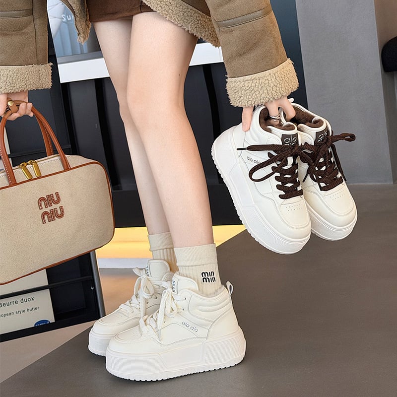 Ženske visoko-top tenisice za svakodnevnu upotrebu, gornji dio od split kože, debela platforma, prednje vezanje, umjetna pliš podstava zimi