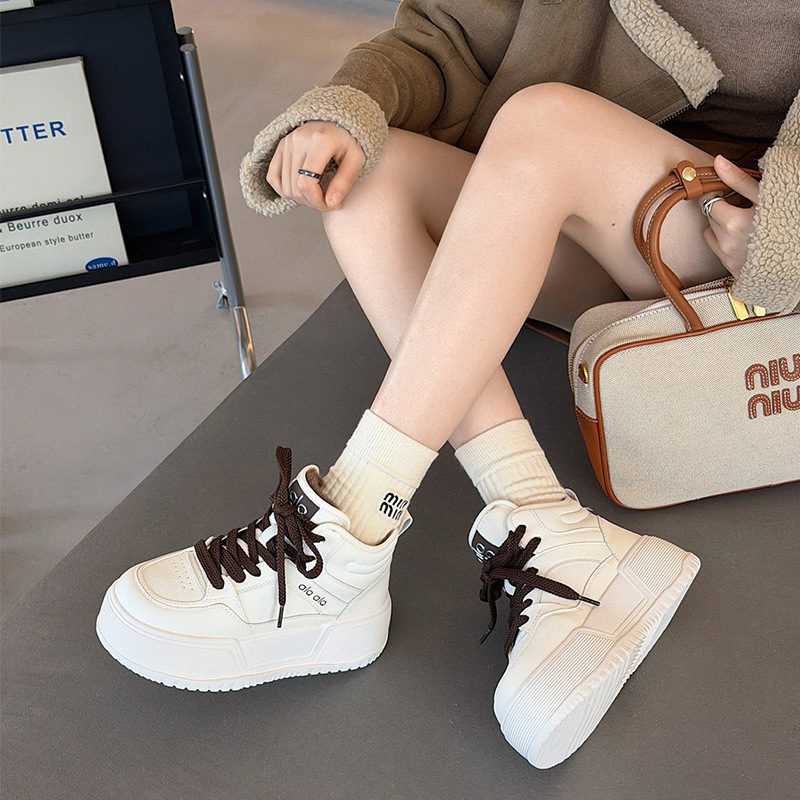Ženske visoko-top tenisice za svakodnevnu upotrebu, gornji dio od split kože, debela platforma, prednje vezanje, umjetna pliš podstava zimi