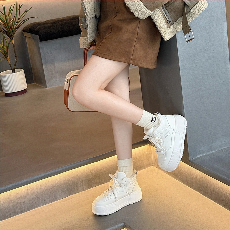 Ženske visoko-top tenisice za svakodnevnu upotrebu, gornji dio od split kože, debela platforma, prednje vezanje, umjetna pliš podstava zimi